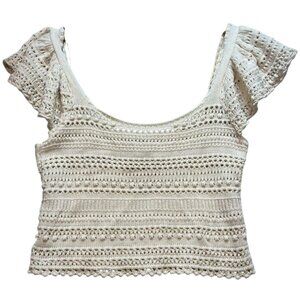 Women's Crochet Crop Top Knit Short Flared Sleeve Size M Ivory